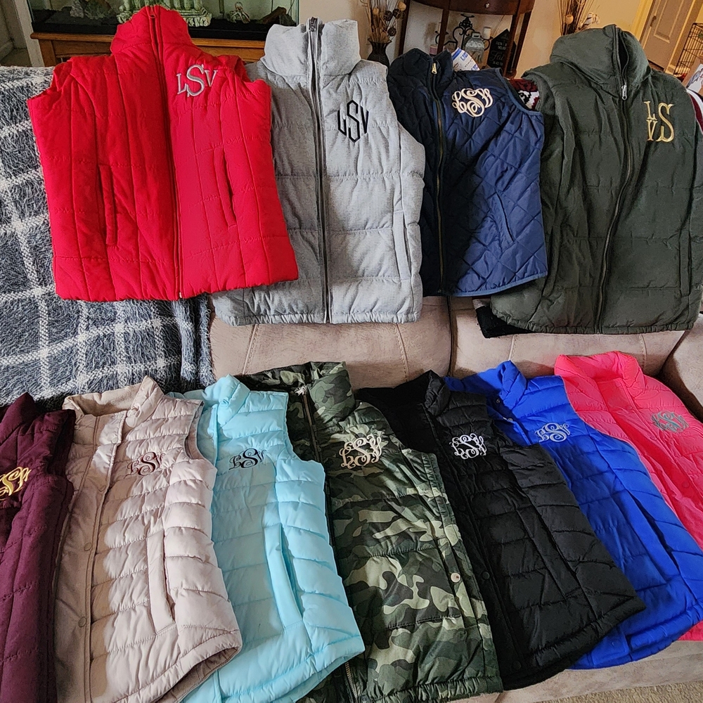 Old Navy, GAP,  NY & Co Quilted Monogram (LSV) Puffer Vests in Multiple Colors